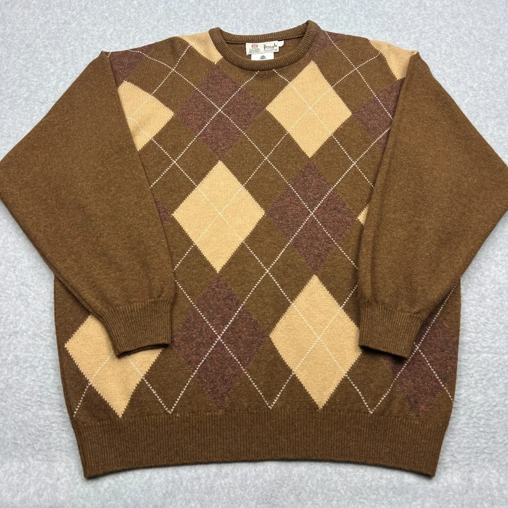 VTG Pringle of Scotland Sweater Men's Large 100% Lambswool Argyle Brown Pullover